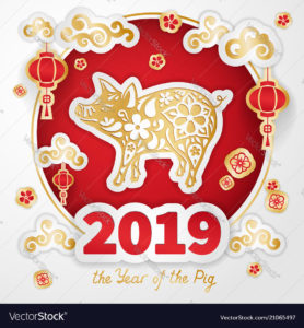 Pig is a symbol of the 2019 Chinese New Year. Greeting card in Oriental style. Round frame, floral elements, lanterns and Golden zodiac sign Pig on red background. Paper cut art
