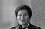 French Minister for Health Simone Veil gives a speech about the campaign she launchs against Tobacco ,16 September 1975, in Paris. / AFP PHOTOblack and white photo fo simone veil talking into a microphone